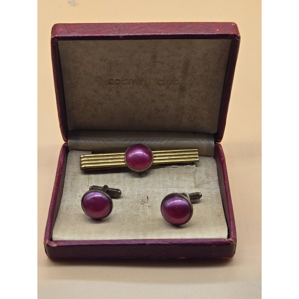 Vintage Country Club Gold Tone Pink Tie Pin & Cufflinks (GS-21)